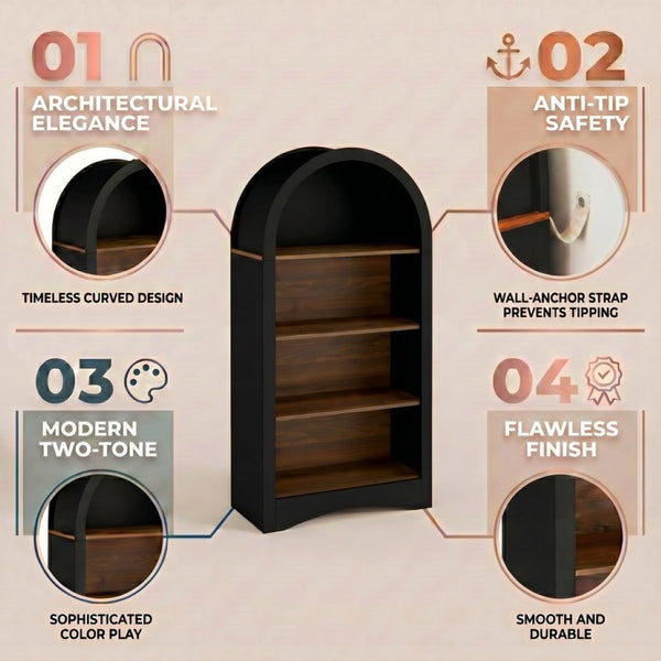 English Elm 47" Arched Freestanding Bookcase Four Open Tiers Woodgrain Shelves Slim White Frame Black + Dark Walnut W5216P462232