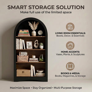 English Elm 47" Arched Freestanding Bookcase Four Open Tiers Woodgrain Shelves Slim White Frame Black + Dark Walnut W5216P462232