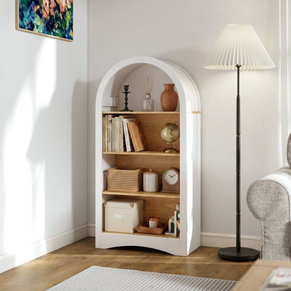 English Elm 47" Arched Freestanding Bookcase Four Open Tiers Woodgrain Shelves Slim White Frame White+Natural W5216P462237