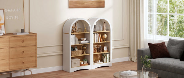 English Elm 47" Arched Freestanding Bookcase Four Open Tiers Woodgrain Shelves Slim White Frame White+Natural W5216P462237