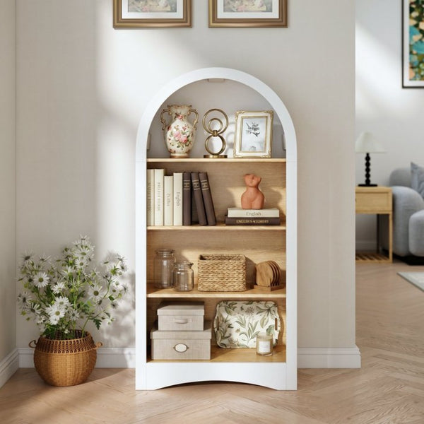 English Elm 47" Arched Freestanding Bookcase Four Open Tiers Woodgrain Shelves Slim White Frame White+Natural W5216P462237