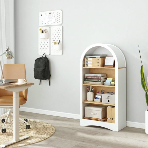 English Elm 47" Arched Freestanding Bookcase Four Open Tiers Woodgrain Shelves Slim White Frame White+Natural W5216P462237