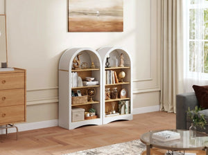 English Elm 47" Arched Freestanding Bookcase Four Open Tiers Woodgrain Shelves Slim White Frame White+Natural W5216P462237
