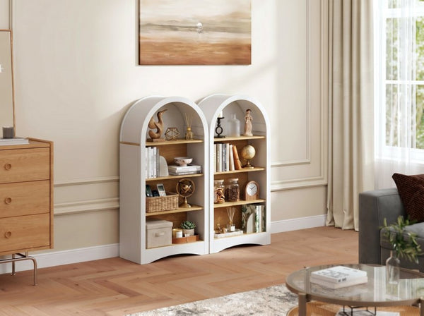 English Elm 47" Arched Freestanding Bookcase Four Open Tiers Woodgrain Shelves Slim White Frame White+Natural W5216P462237
