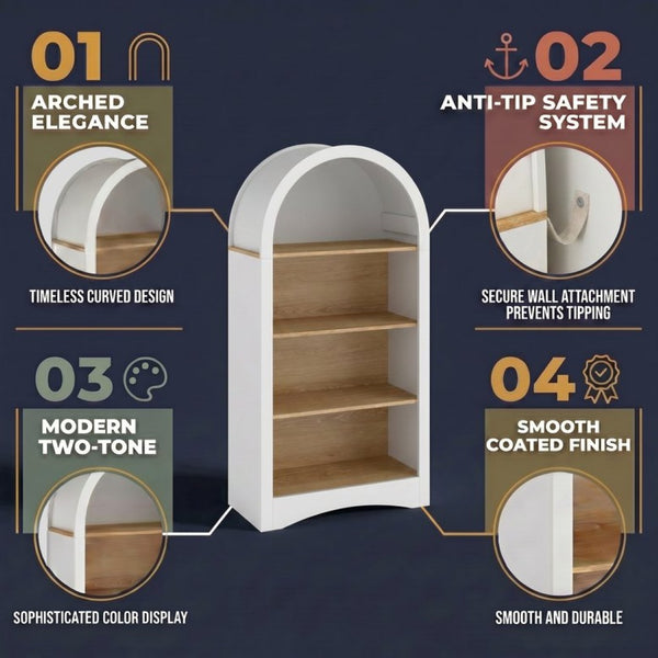 English Elm 47" Arched Freestanding Bookcase Four Open Tiers Woodgrain Shelves Slim White Frame White+Natural W5216P462237