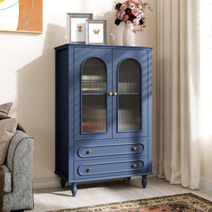 English Elm 46.5 Inch Navy Blue Curio Cabinet Ribbed Glass Doors Two Drawers Vintage Bun Feet Display W5216P462249