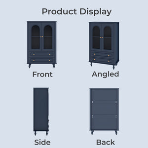 English Elm 46.5 Inch Navy Blue Curio Cabinet Ribbed Glass Doors Two Drawers Vintage Bun Feet Display W5216P462249