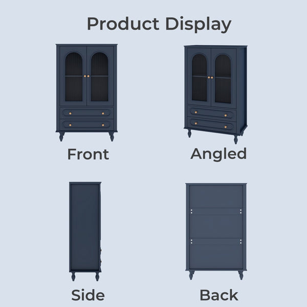 English Elm 46.5 Inch Navy Blue Curio Cabinet Ribbed Glass Doors Two Drawers Vintage Bun Feet Display W5216P462249