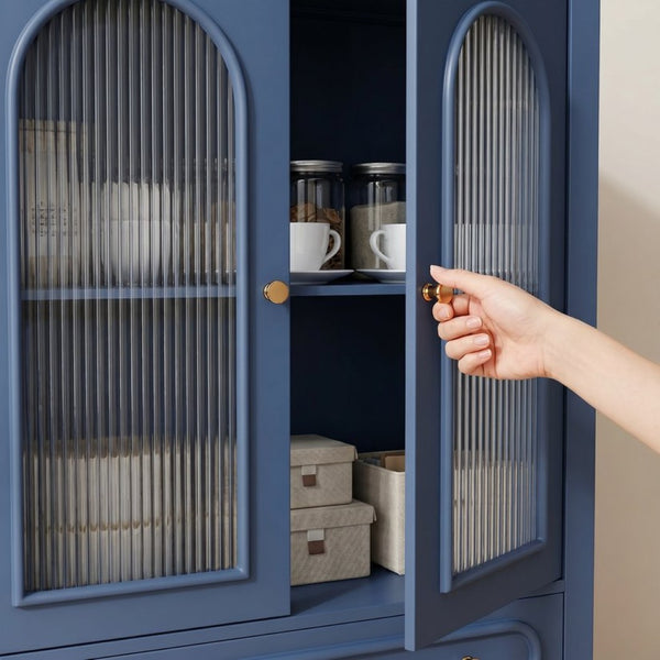 English Elm 46.5 Inch Navy Blue Curio Cabinet Ribbed Glass Doors Two Drawers Vintage Bun Feet Display W5216P462249