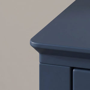 English Elm 46.5 Inch Navy Blue Curio Cabinet Ribbed Glass Doors Two Drawers Vintage Bun Feet Display W5216P462249