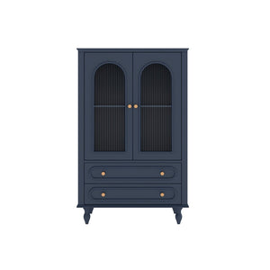 English Elm 46.5 Inch Navy Blue Curio Cabinet Ribbed Glass Doors Two Drawers Vintage Bun Feet Display W5216P462249