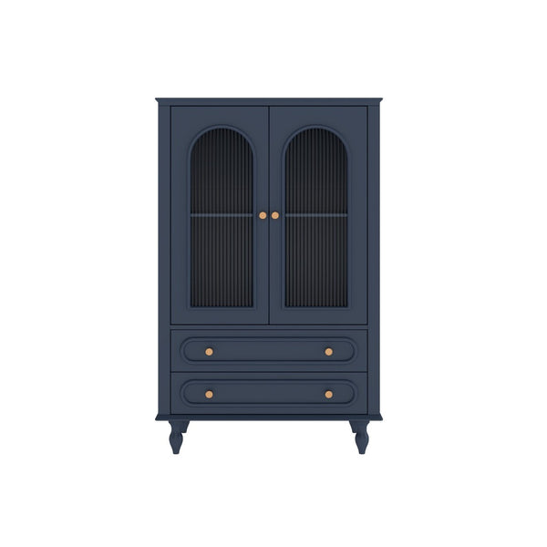 English Elm 46.5 Inch Navy Blue Curio Cabinet Ribbed Glass Doors Two Drawers Vintage Bun Feet Display W5216P462249