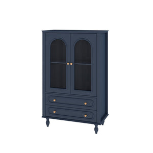 English Elm 46.5 Inch Navy Blue Curio Cabinet Ribbed Glass Doors Two Drawers Vintage Bun Feet Display W5216P462249