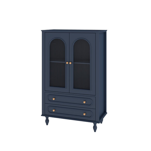 English Elm 46.5 Inch Navy Blue Curio Cabinet Ribbed Glass Doors Two Drawers Vintage Bun Feet Display W5216P462249