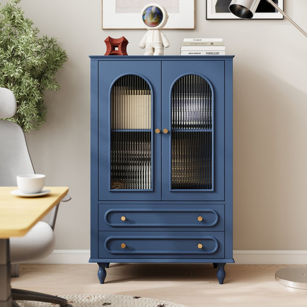 English Elm 46.5 Inch Navy Blue Curio Cabinet Ribbed Glass Doors Two Drawers Vintage Bun Feet Display W5216P462249