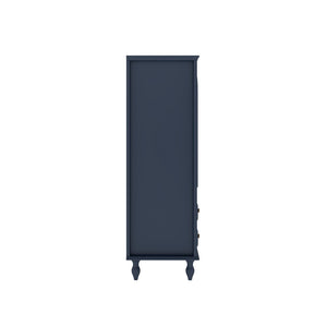 English Elm 46.5 Inch Navy Blue Curio Cabinet Ribbed Glass Doors Two Drawers Vintage Bun Feet Display W5216P462249