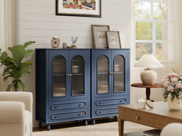English Elm 46.5 Inch Navy Blue Curio Cabinet Ribbed Glass Doors Two Drawers Vintage Bun Feet Display W5216P462249