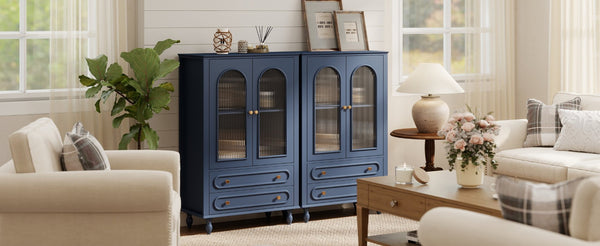 English Elm 46.5 Inch Navy Blue Curio Cabinet Ribbed Glass Doors Two Drawers Vintage Bun Feet Display W5216P462249