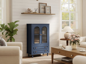 English Elm 46.5 Inch Navy Blue Curio Cabinet Ribbed Glass Doors Two Drawers Vintage Bun Feet Display W5216P462249
