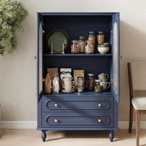 English Elm 46.5 Inch Navy Blue Curio Cabinet Ribbed Glass Doors Two Drawers Vintage Bun Feet Display W5216P462249