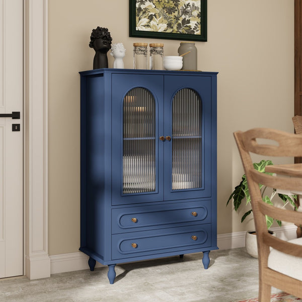 English Elm 46.5 Inch Navy Blue Curio Cabinet Ribbed Glass Doors Two Drawers Vintage Bun Feet Display W5216P462249