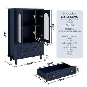 English Elm 46.5 Inch Navy Blue Curio Cabinet Ribbed Glass Doors Two Drawers Vintage Bun Feet Display W5216P462249