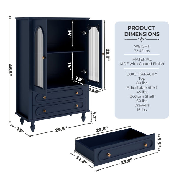 English Elm 46.5 Inch Navy Blue Curio Cabinet Ribbed Glass Doors Two Drawers Vintage Bun Feet Display W5216P462249