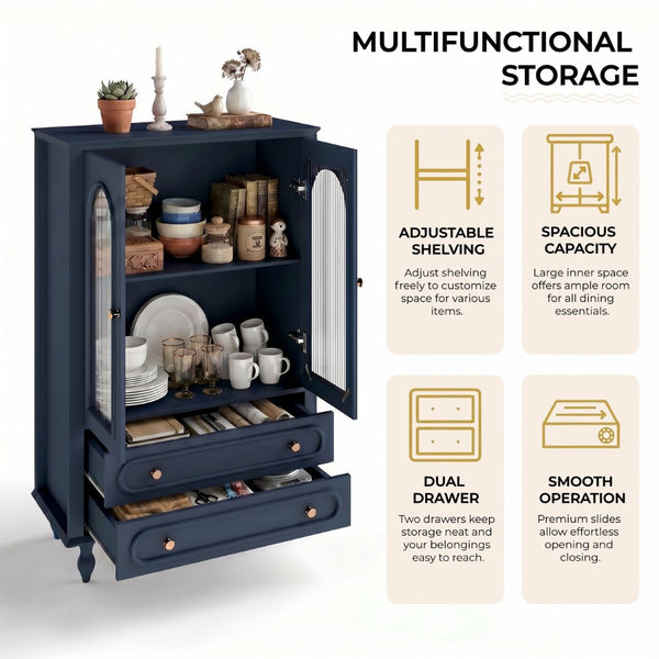 English Elm 46.5 Inch Navy Blue Curio Cabinet Ribbed Glass Doors Two Drawers Vintage Bun Feet Display W5216P462249