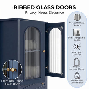 English Elm 46.5 Inch Navy Blue Curio Cabinet Ribbed Glass Doors Two Drawers Vintage Bun Feet Display W5216P462249