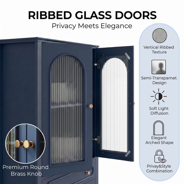 English Elm 46.5 Inch Navy Blue Curio Cabinet Ribbed Glass Doors Two Drawers Vintage Bun Feet Display W5216P462249