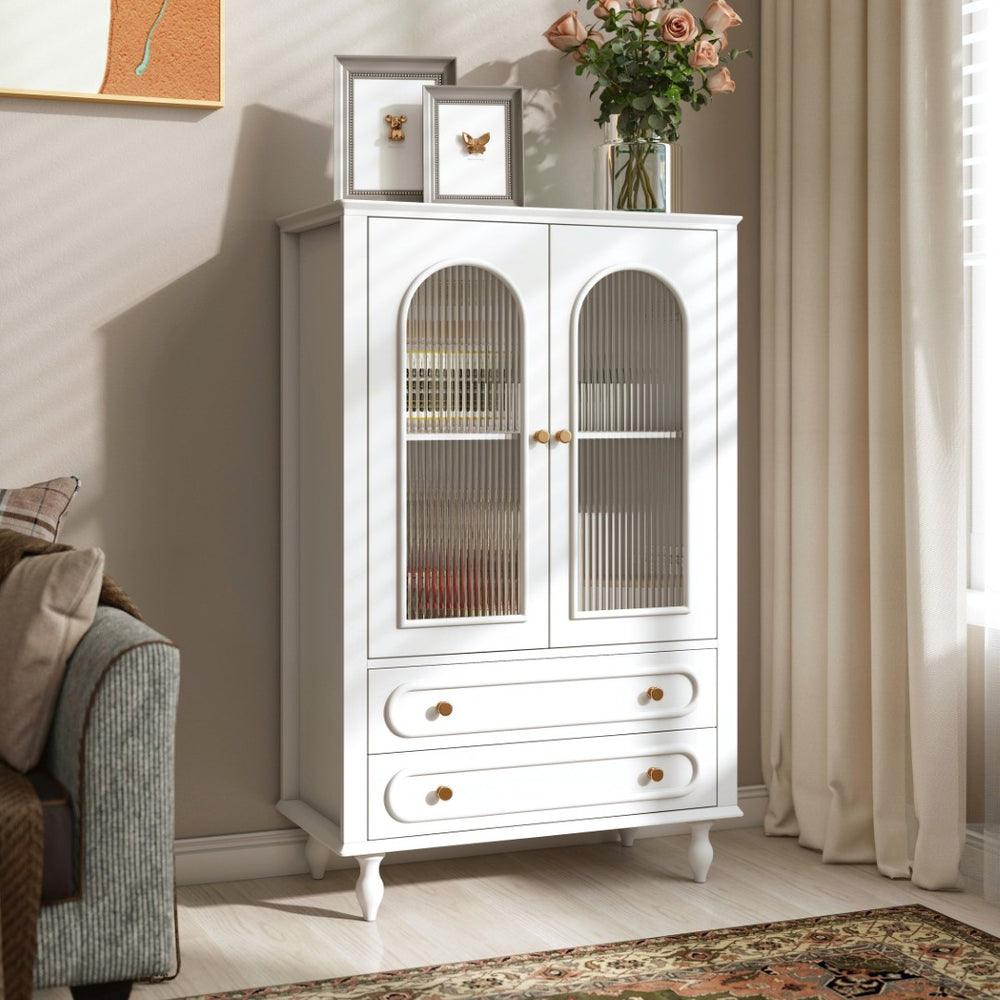 English Elm 46.5 Inch White Curio Cabinet Ribbed Glass Doors Vintage Bun Feet Two Drawers Display W5216P462250