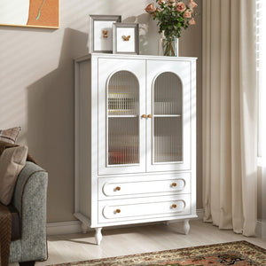 English Elm 46.5 Inch White Curio Cabinet Ribbed Glass Doors Vintage Bun Feet Two Drawers Display W5216P462250