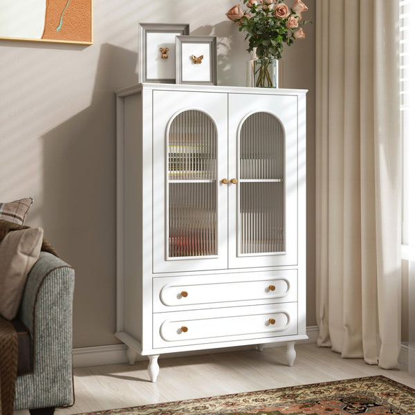 English Elm 46.5 Inch White Curio Cabinet Ribbed Glass Doors Vintage Bun Feet Two Drawers Display W5216P462250