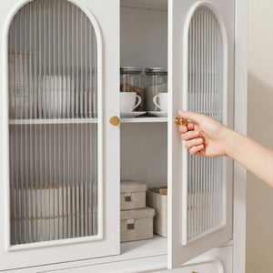 English Elm 46.5 Inch White Curio Cabinet Ribbed Glass Doors Vintage Bun Feet Two Drawers Display W5216P462250
