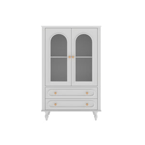English Elm 46.5 Inch White Curio Cabinet Ribbed Glass Doors Vintage Bun Feet Two Drawers Display W5216P462250