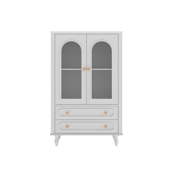 English Elm 46.5 Inch White Curio Cabinet Ribbed Glass Doors Vintage Bun Feet Two Drawers Display W5216P462250