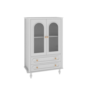 English Elm 46.5 Inch White Curio Cabinet Ribbed Glass Doors Vintage Bun Feet Two Drawers Display W5216P462250
