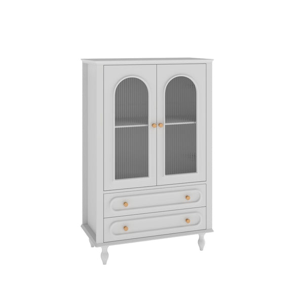 English Elm 46.5 Inch White Curio Cabinet Ribbed Glass Doors Vintage Bun Feet Two Drawers Display W5216P462250