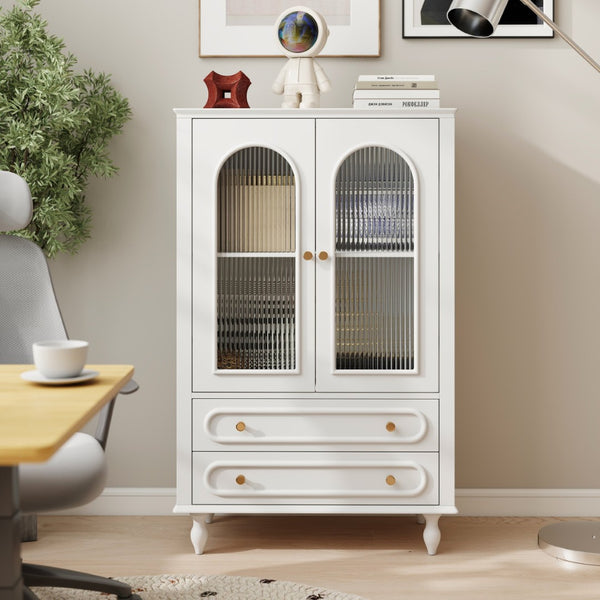 English Elm 46.5 Inch White Curio Cabinet Ribbed Glass Doors Vintage Bun Feet Two Drawers Display W5216P462250
