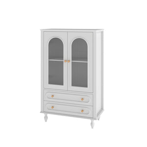 English Elm 46.5 Inch White Curio Cabinet Ribbed Glass Doors Vintage Bun Feet Two Drawers Display W5216P462250