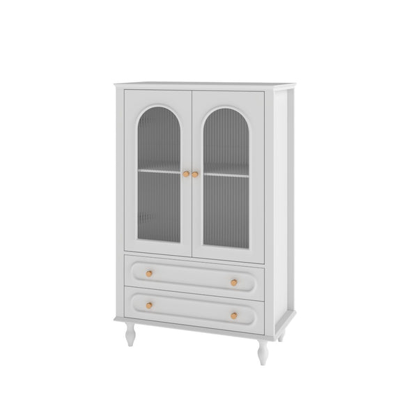 English Elm 46.5 Inch White Curio Cabinet Ribbed Glass Doors Vintage Bun Feet Two Drawers Display W5216P462250