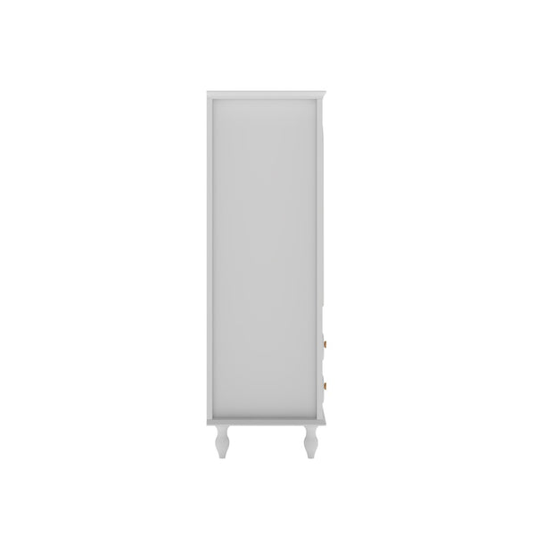 English Elm 46.5 Inch White Curio Cabinet Ribbed Glass Doors Vintage Bun Feet Two Drawers Display W5216P462250