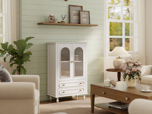 English Elm 46.5 Inch White Curio Cabinet Ribbed Glass Doors Vintage Bun Feet Two Drawers Display W5216P462250