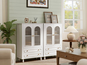 English Elm 46.5 Inch White Curio Cabinet Ribbed Glass Doors Vintage Bun Feet Two Drawers Display W5216P462250