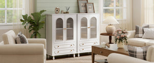 English Elm 46.5 Inch White Curio Cabinet Ribbed Glass Doors Vintage Bun Feet Two Drawers Display W5216P462250