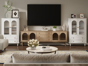 English Elm 46.5 Inch White Curio Cabinet Ribbed Glass Doors Vintage Bun Feet Two Drawers Display W5216P462250