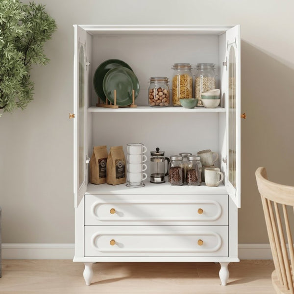English Elm 46.5 Inch White Curio Cabinet Ribbed Glass Doors Vintage Bun Feet Two Drawers Display W5216P462250