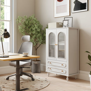 English Elm 46.5 Inch White Curio Cabinet Ribbed Glass Doors Vintage Bun Feet Two Drawers Display W5216P462250