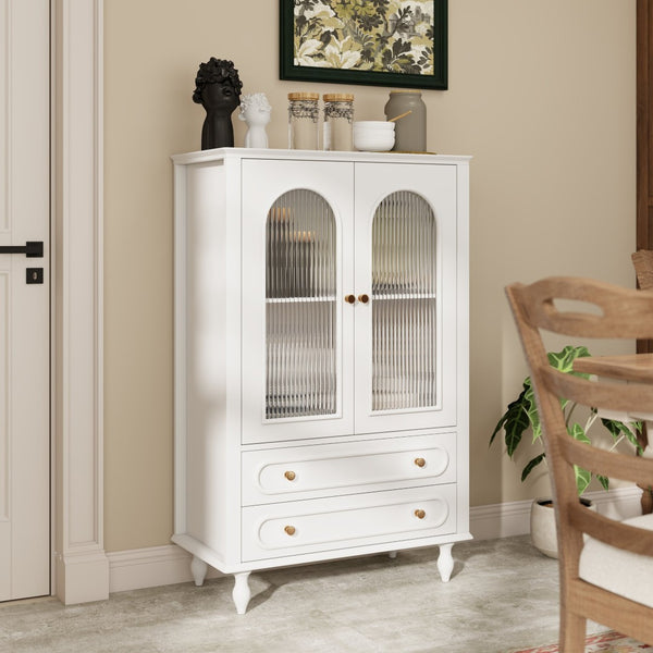 English Elm 46.5 Inch White Curio Cabinet Ribbed Glass Doors Vintage Bun Feet Two Drawers Display W5216P462250