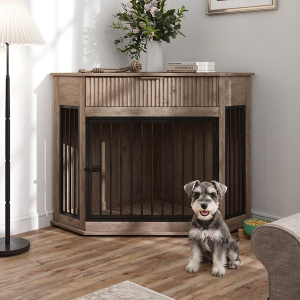 English Elm 44.6 Inch Corner Dog Crate Cabinet with Fluted Drawer MDF End Table for Small Medium Pets W5216P494371